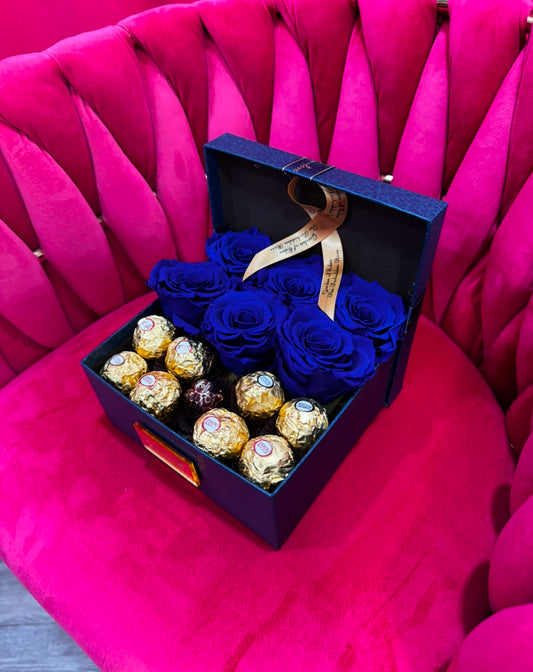 Blue Box Preserved Blue Roses with Chocolates