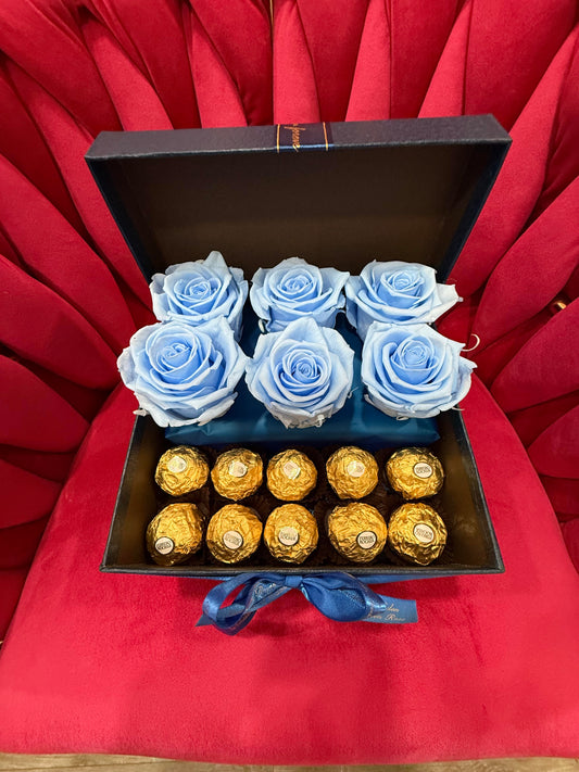 Blue Box Preserved Blue Roses with Chocolates